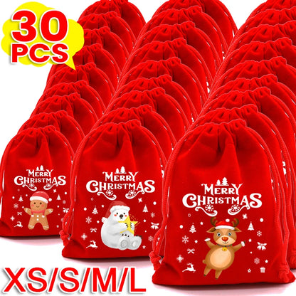 1/30pcs Christmas Gift Bags Red Velvet Drawstring Pouch Bulk Santa Candy Packaging Snack Wrapping Bag Wedding Party Favors Decor