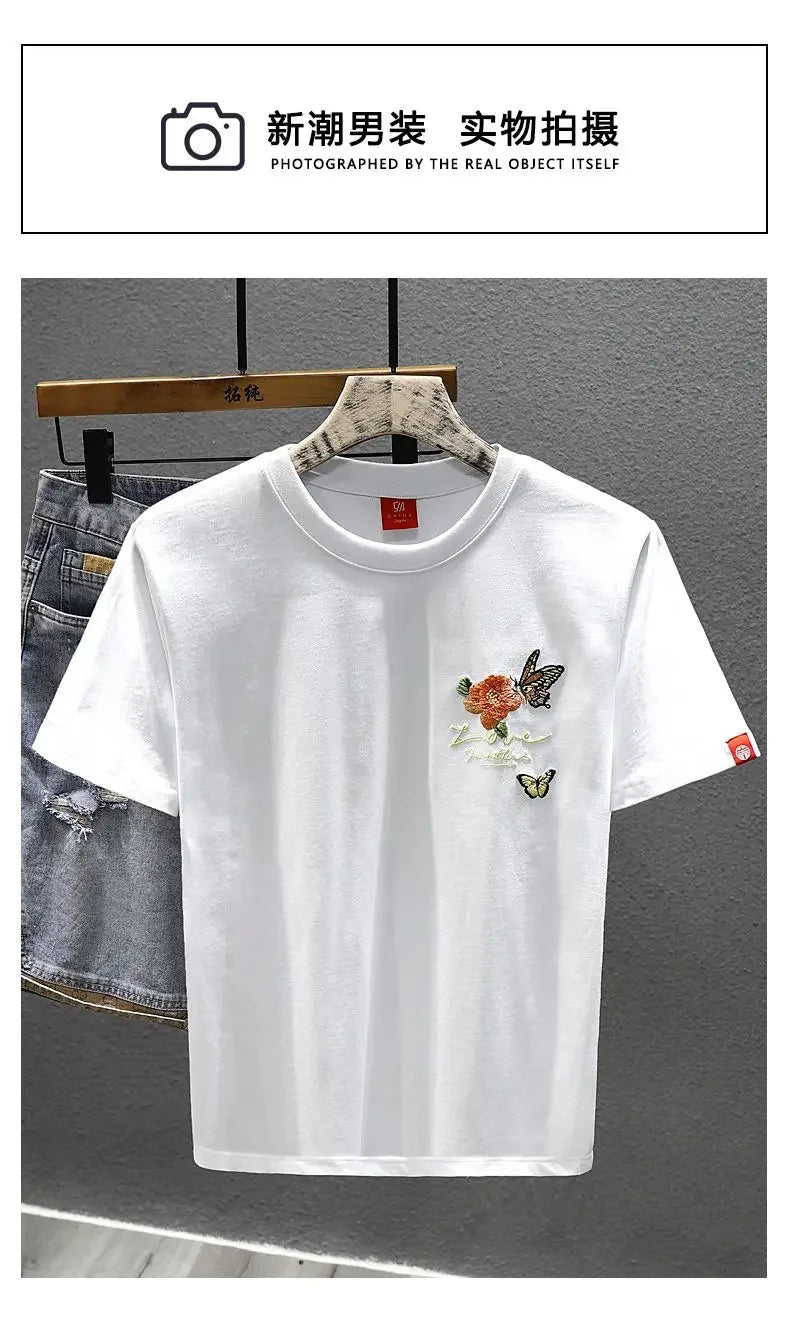 2025 Summer New Chinese Style Butterfly Embroidered Short-sleeved T-shirt Men Loose Casual Top