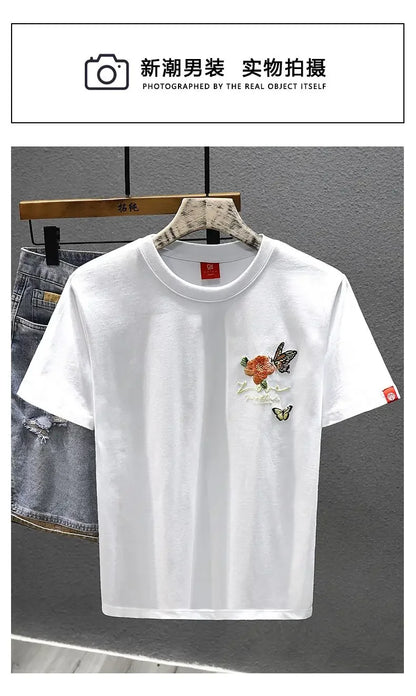 2025 Summer New Chinese Style Butterfly Embroidered Short-sleeved T-shirt Men Loose Casual Top