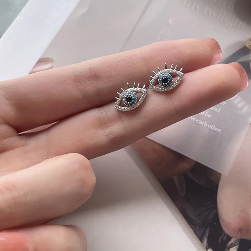 YILUOCD 925 Sterling Silver Zircon Blue Evil Eye Stud Earrings for Women  Simple Demon Eyes Piercing Jewelry New Year Gift