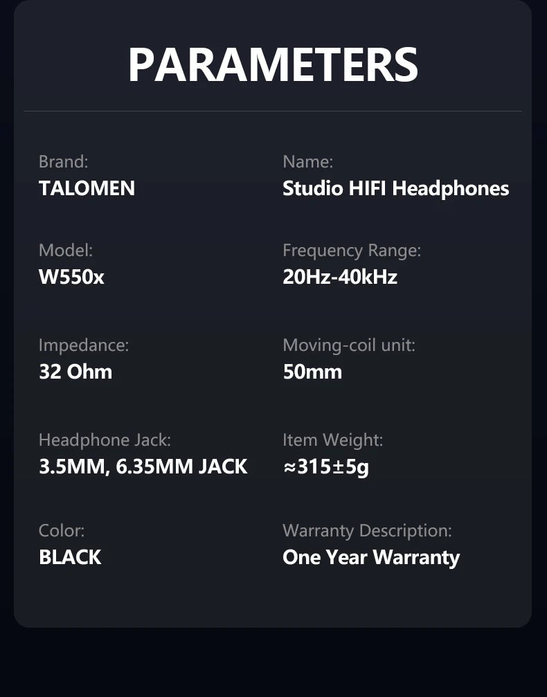 TALOMEN W550X Corded Studio Headphones Stereo Professional DJ Headphones Over-Ear Monitor Headphones with Detachable Cable Gift