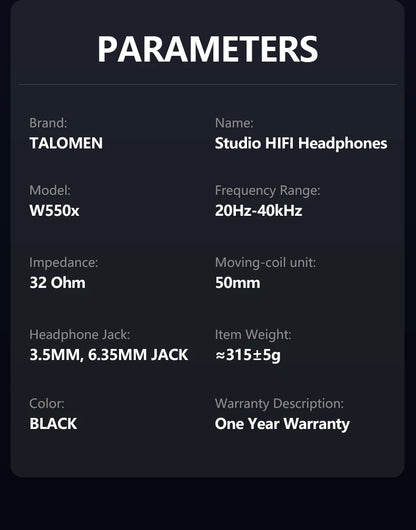 TALOMEN W550X Corded Studio Headphones Stereo Professional DJ Headphones Over-Ear Monitor Headphones with Detachable Cable Gift