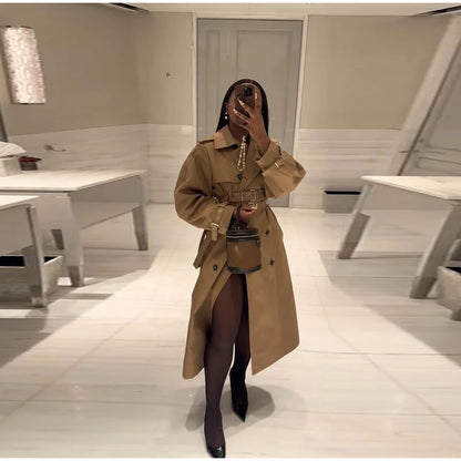 Double-Buckled Belted Hooded Trench Coat Oversized Long Sleeve Maxi 2025 Autumn Edgy Women Outerwear Fashion Trendy Lady Jacket