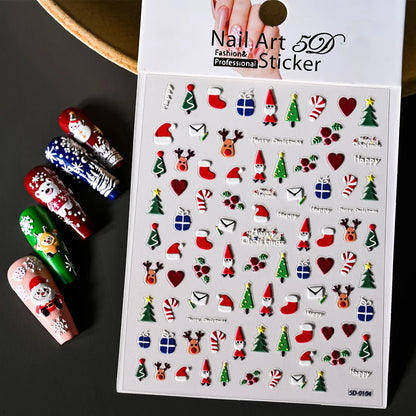Cute Deer Christmas Nail Stickers 5D Embossed Elk Star Gingerbread Man Snowflake Santa Claus Holly DIY Winter Engraved Manicure*