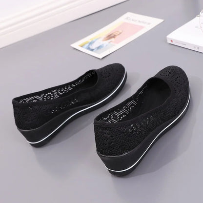 Women’s White Lace Breathable Slip-On Sneakers – Casual Summer Flats with Low Wedge Comfort Sole