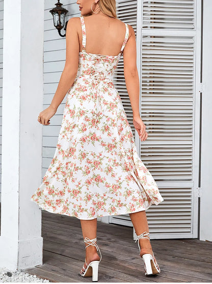 NewAsia Floral Print Summer Midi Dress Boned Tie Up Split Adjustable Strapes Zip Casual Party Dresses Beach Women Vestido 2024