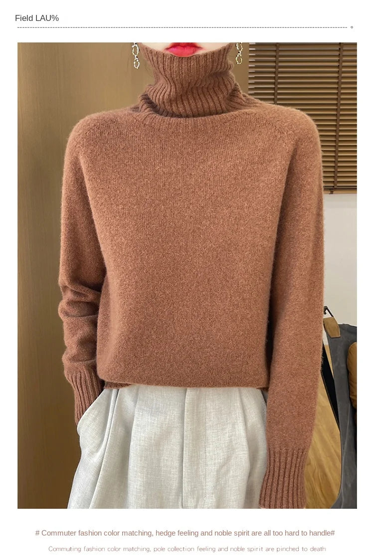 Women's Clothing New Fashion Autumn And Winter Merino Wool Pullover Solid Color Long Sleeve Basic Thermal Top 100% Wool Sweater