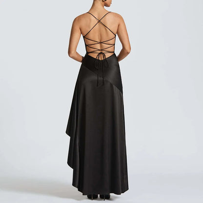 Sexy Slash Neck Slim Ruffle Banquet Dress Women Spring Backless Lace-up Long Irregular Dress Summer Sleeveless Hollow Maxi Dress