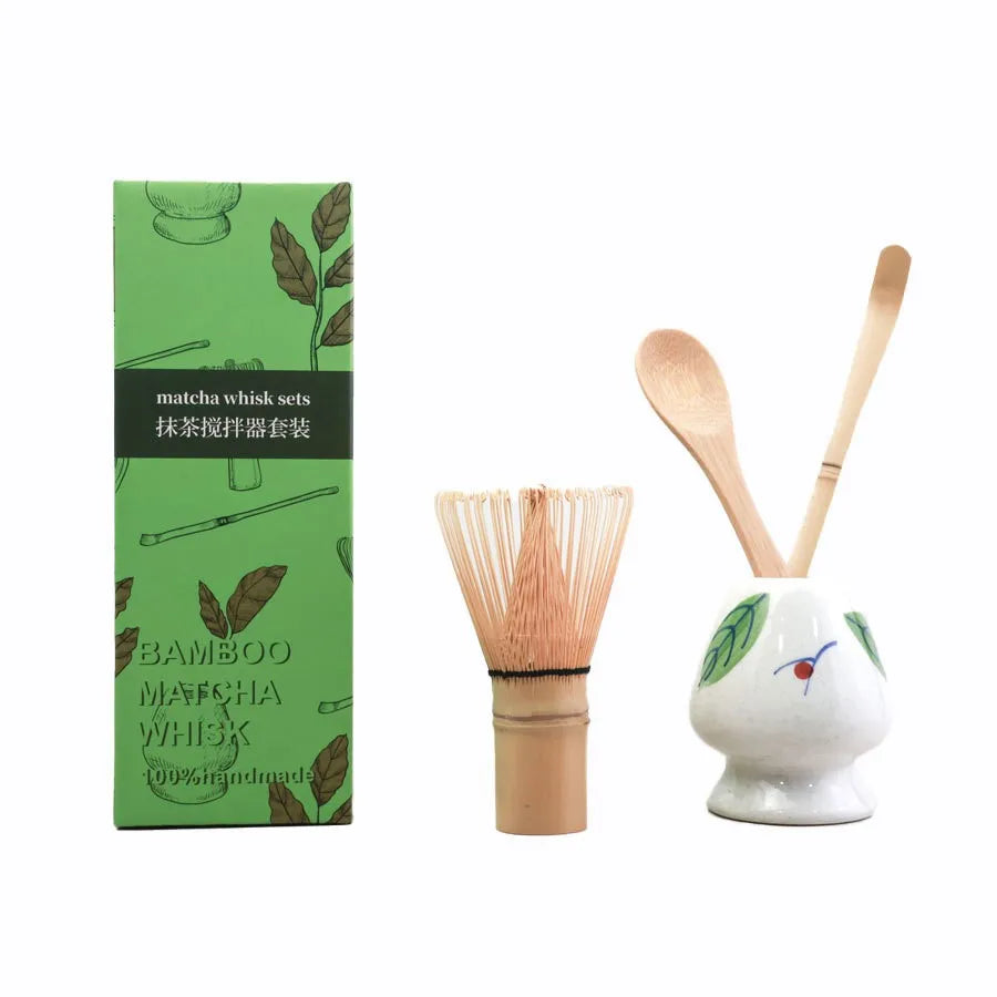 4pcs/set Matcha Set Bamboo Whisk Tea spoon Ceramic fittings Matcha Whisk (Chasen) Tea Spoon And Scoop (Chashaku) Tea-making Tool
