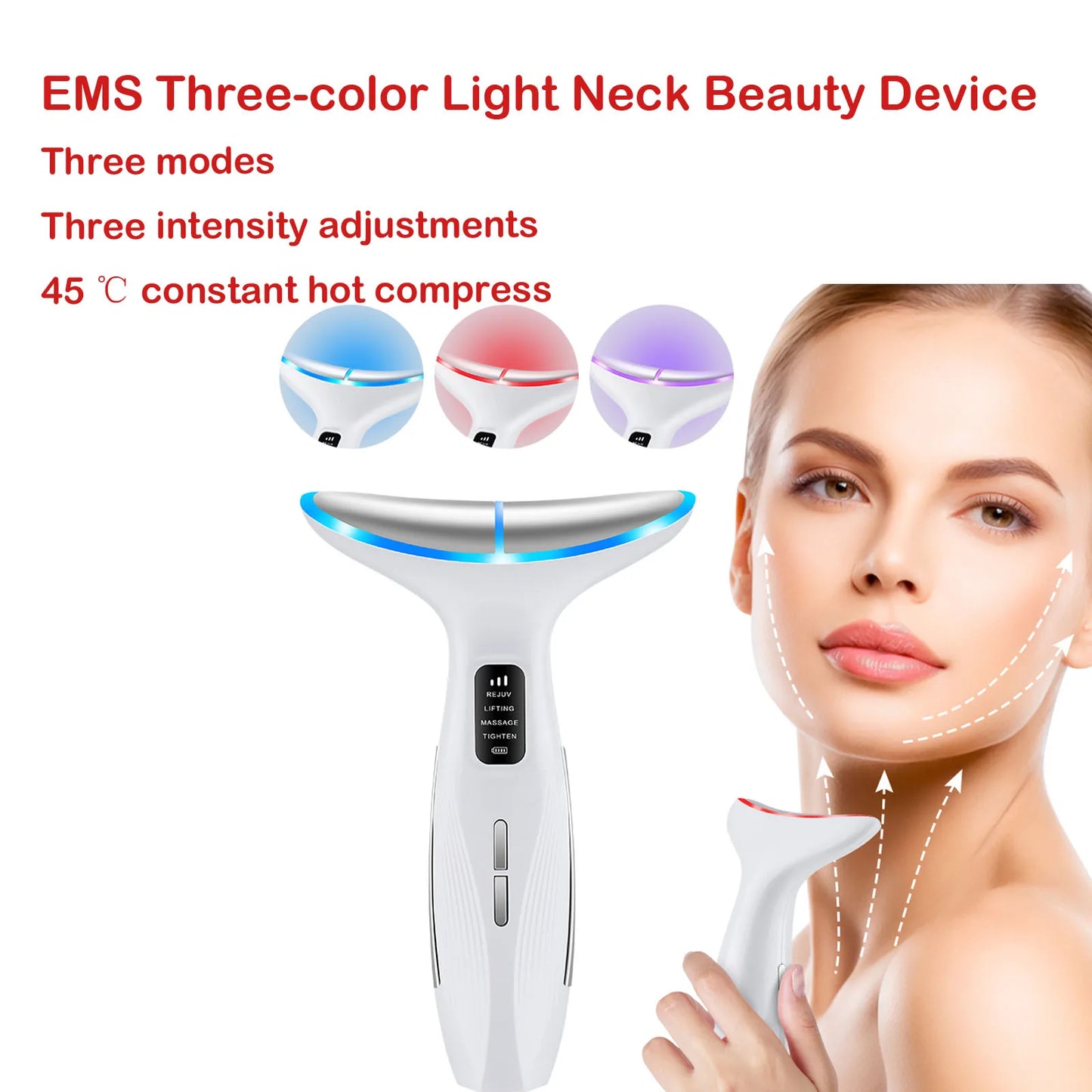 EMS Three Color Light Firming Rejuvenating Neck Beauty Device Skin Ion Importer Facial Lifting Neck Lines Wrinkles Device