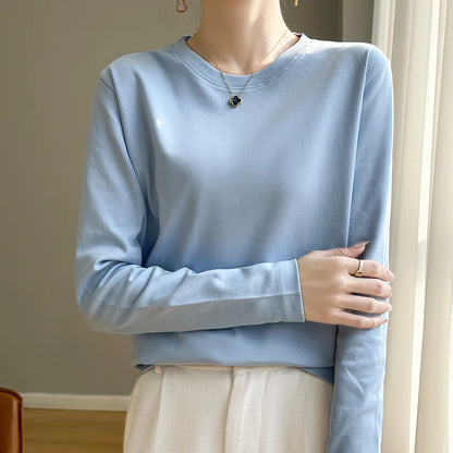 Spring Autumn 100% Cotton Long-Sleeved T-Shirt Women's Round Neck Mercerized Cotton Bottoming Shirt Loose Top