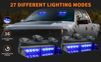 2 in 1 LED Emergency Strobe Lights for Vehicles Front/Rear Windshield with Suction Cups,Dash Deck Safety Flashing Hazard Warning