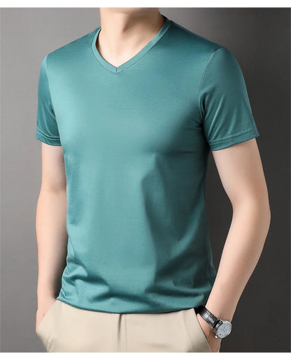 Top Grade 1.7% Mulberry Silk New Summer Brand Tops V Neck t Shirts For Men 2025 Short Sleeve Casual Fashion Mens Clothing