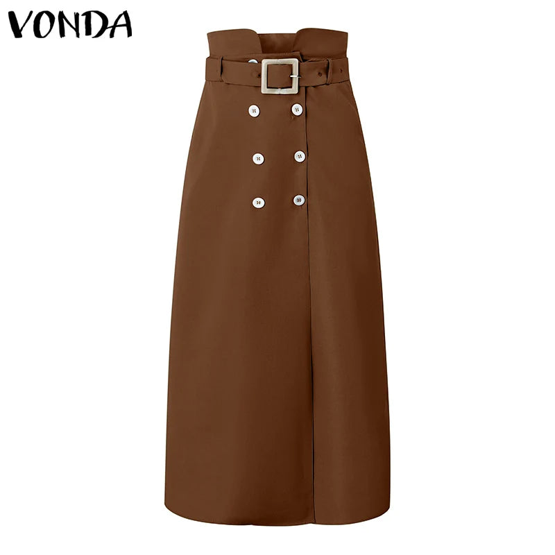 VONDA Women Elegant Skirts 2025 Casual Waistband Button Design Slit Long Overskirts Solid Color Office Lady Bottoms Oversized