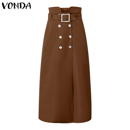VONDA Women Elegant Skirts 2025 Casual Waistband Button Design Slit Long Overskirts Solid Color Office Lady Bottoms Oversized