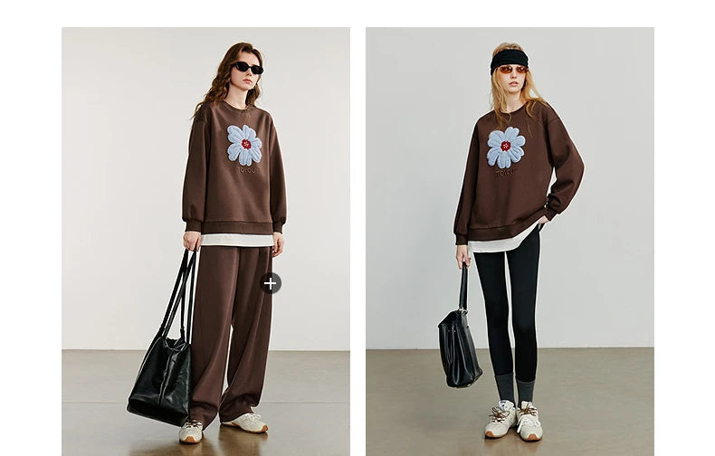 TOYOUTH Women Hoodies Sweatshirt 2025 Autumn New Plush Flower Printed Contrasting Color Splicing Fake Two Piece Cotton Pullover