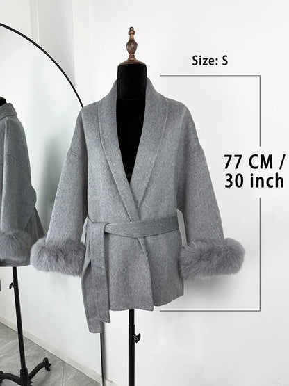 TARUXY Fox Fur Woolen Coats Women's Short Coat Office Lady Removable Elegant Double-sided Wool Overcoat 2025 New Cardigan Jacket