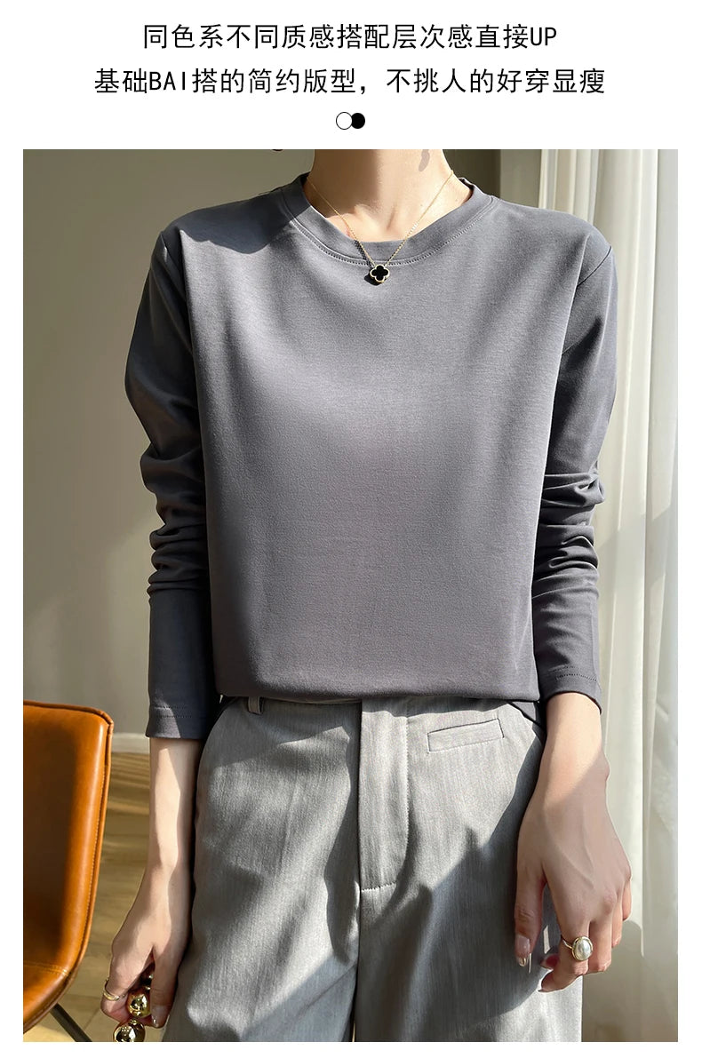 Spring Autumn 100% Cotton Long-Sleeved T-Shirt Women's Round Neck Mercerized Cotton Bottoming Shirt Loose Top