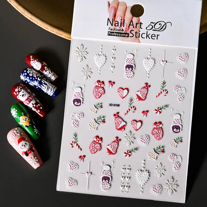 Cute Deer Christmas Nail Stickers 5D Embossed Elk Star Gingerbread Man Snowflake Santa Claus Holly DIY Winter Engraved Manicure*