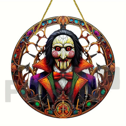 Horror Theme Stained Window Hanging Sun Catcher,Round Acrylic Translucent Sign,Halloween Decor for House,bar,Porch,Patio Garden