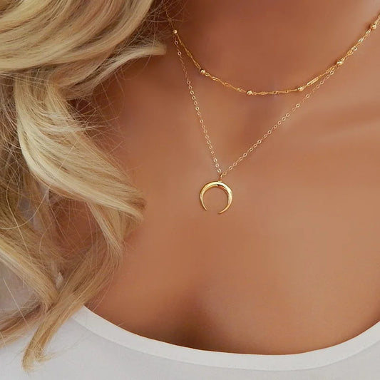 Gold Double Layer Moon Pendant Necklace – Trendy Gift