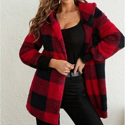 Women Autumn Winter Double Fleece Plaid Cardigan Soft Loose Long Sleeve Plush Warm Hooded Jacket Female Patchwork Outerwear Coat