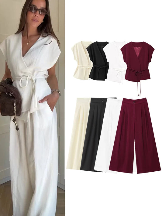Women’s V-Neck Sleeveless Trouser Set – Summer Chic