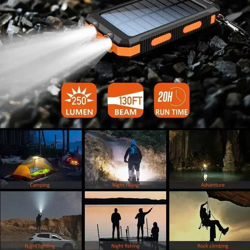 10000mAh Solar Power Bank 4-in-1 Camping Light Compass Hiking Emergency Charger