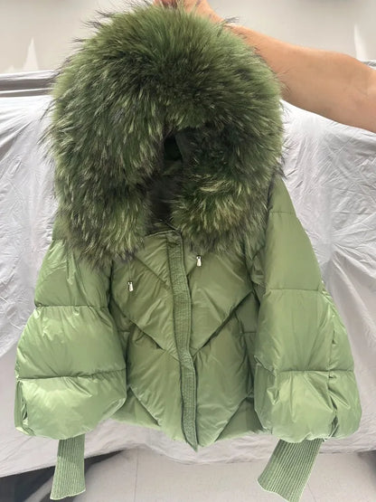 OFTBUY 2025 New Winter Large Real Fur Hooded Puffer Jacket Women Thicken Warm Knitted Sleeve Coat White Duck Down Mid Long Parka