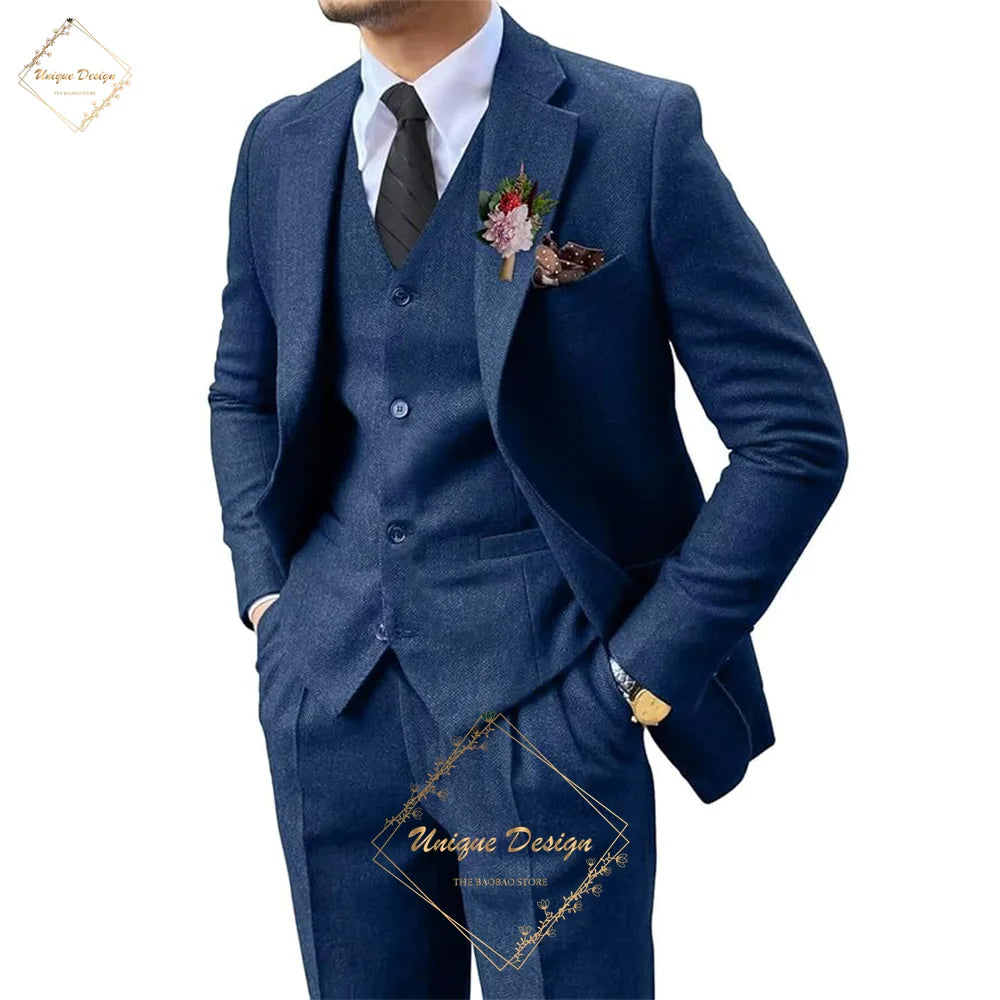 Premium Men's Suits 3 Piece Jacket Vest Pants Brown Wedding Tweed Herringbone Retro Vintage Tailored Fit Single Breasted Tuxedo