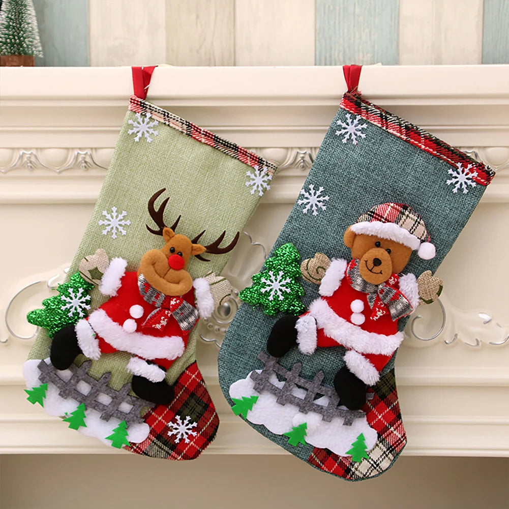 4Pcs Christmas Stockings Set Large Capacity Christmas Ornament Sock Santa Claus/Snowman/Bear/Elk for Home Classroom Party