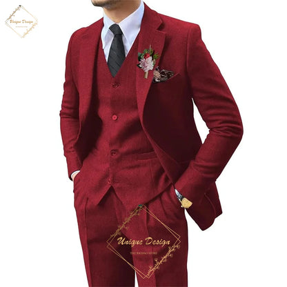 Premium Men's Suits 3 Piece Jacket Vest Pants Brown Wedding Tweed Herringbone Retro Vintage Tailored Fit Single Breasted Tuxedo