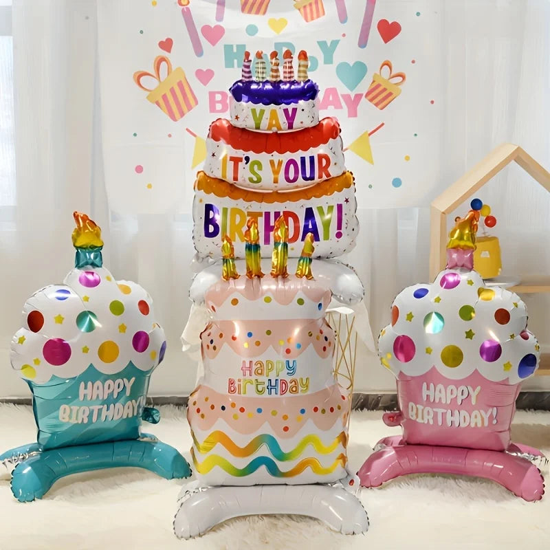 Birthday Cake Balloon with Base Standing Foil Balloon Cute Cake Balloon Kids Boy Girl Birthday Party Decor Supplies Baby Shower