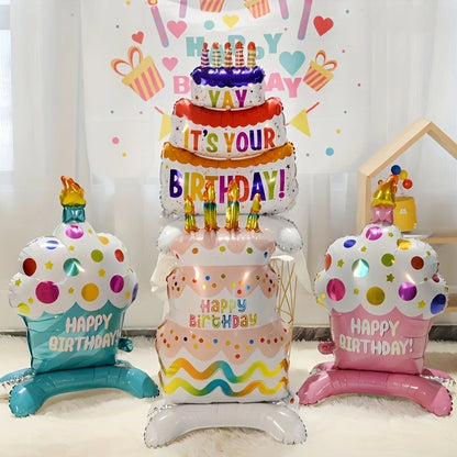 Birthday Cake Balloon with Base Standing Foil Balloon Cute Cake Balloon Kids Boy Girl Birthday Party Decor Supplies Baby Shower