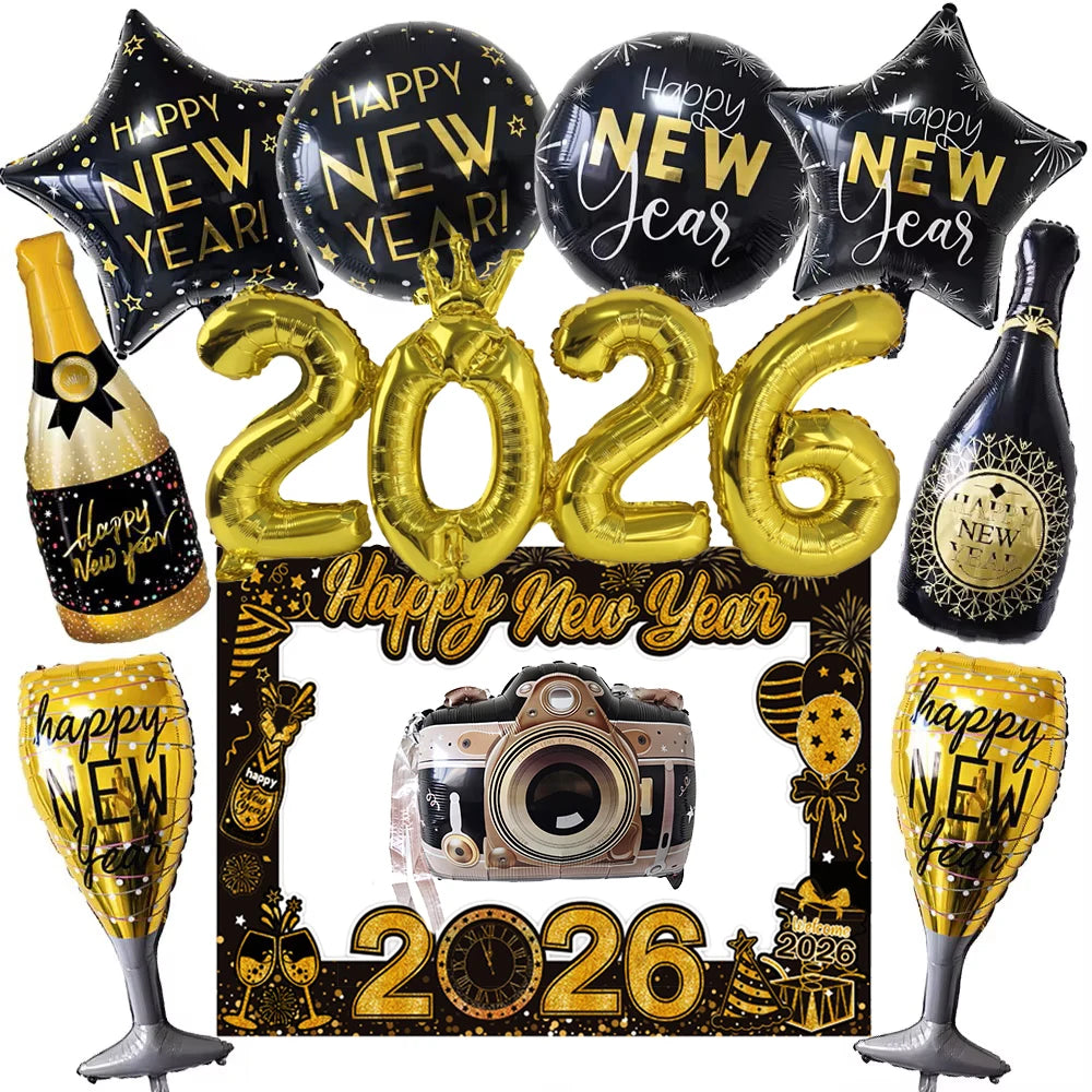2026 New Years Eve Decoration Happy New Years Star Champagne Cups Wine Bottle Foil Balloons Happy New Years Eve Party Supplies