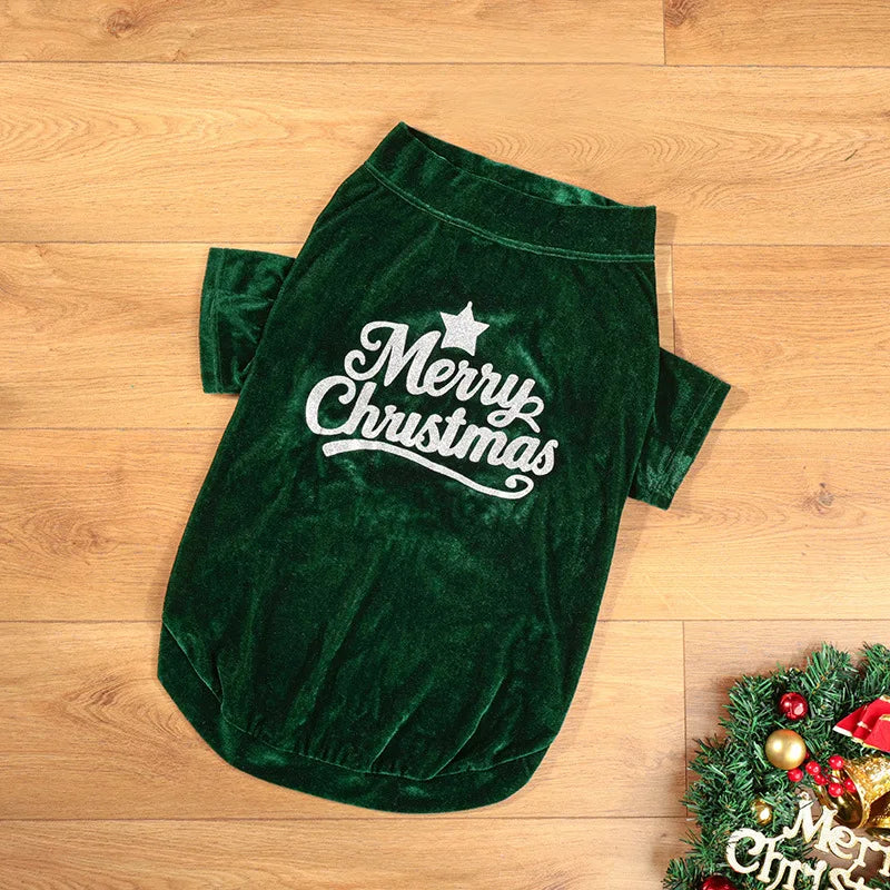 Christmas Velvet Dog Sweatshirt, “Merry Christmas” Print, Warm Soft Pullover, Red/Green, Sizes S–6XL for Small to Large Dogs