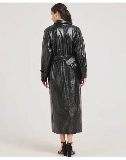 Lautaro Spring Autumn Extra Long Burgundy Pu Leather Trench Coat for Women with Belt Elegant Luxury Designer Maxi Overcoat 2024