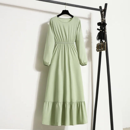 Spring Autumn Mujer Vestidos Solid Full Sleeve O-neck Casual Chiffon Dress Women Muslim Long Dress Solid Loose Maxi Dresses