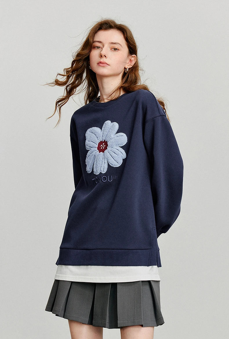 TOYOUTH Women Hoodies Sweatshirt 2025 Autumn New Plush Flower Printed Contrasting Color Splicing Fake Two Piece Cotton Pullover