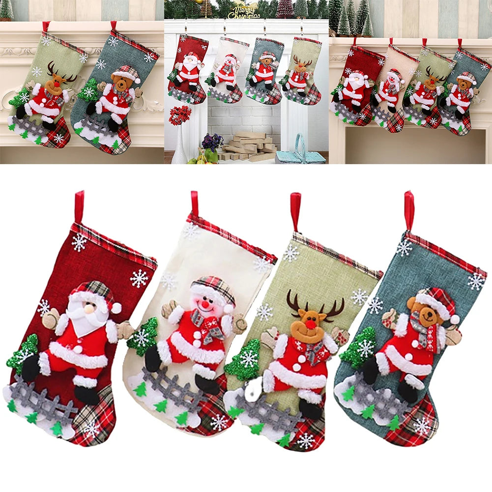 4Pcs Christmas Stockings Set Large Capacity Christmas Ornament Sock Santa Claus/Snowman/Bear/Elk for Home Classroom Party