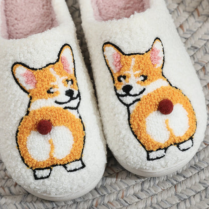 Corgi Pet Pattern Embroidered Plush Home Thick-Soled Comfortable Woolen Cotton Slippers Cute Warm Non-Slip Indoor Slippers Pet Mom Gift Dog Lovers Men and Women Can Wear
