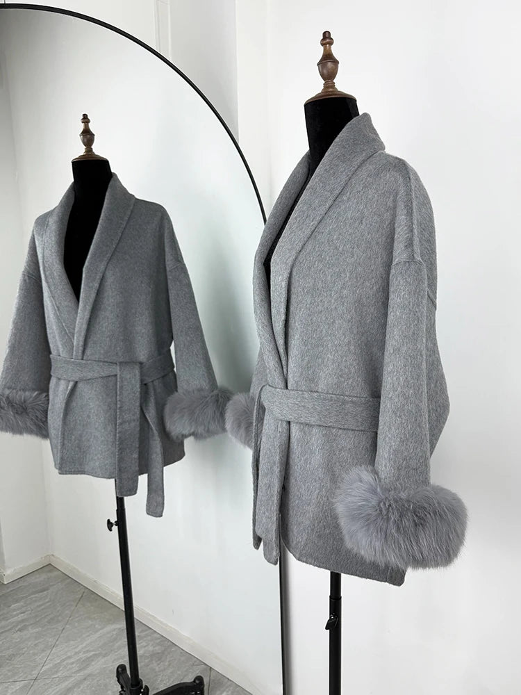 TARUXY Fox Fur Woolen Coats Women's Short Coat Office Lady Removable Elegant Double-sided Wool Overcoat 2025 New Cardigan Jacket