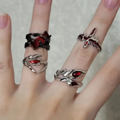 Goth Punk Retro Red Crystal Love Heart Cross Geometry Irregular Open Ring Set Y2K Halloween Accessories For Women Kpop Jewelry