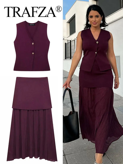 Elegant Wine Red Knitted Skirt Set for Women – V-Neck Vest & High-Waist Midi Skirt | Spring/Summer 2025