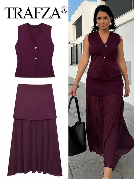 Elegant Wine Red Knitted Skirt Set for Women – V-Neck Vest & High-Waist Midi Skirt | Spring/Summer 2025