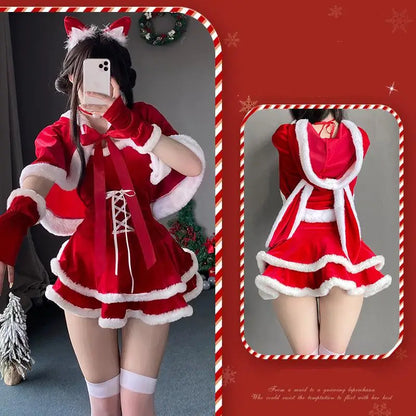 [You're My Secret] Christmas Dress Suit Women Xmas Cosplay Costume Red Suit Party Rabbit Ears Hooded Shawl Christmas Girl Set