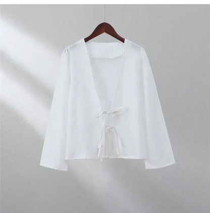 Spring 2025 V-Neck Lace-Up Linen Blouse – Casual Loose Fit