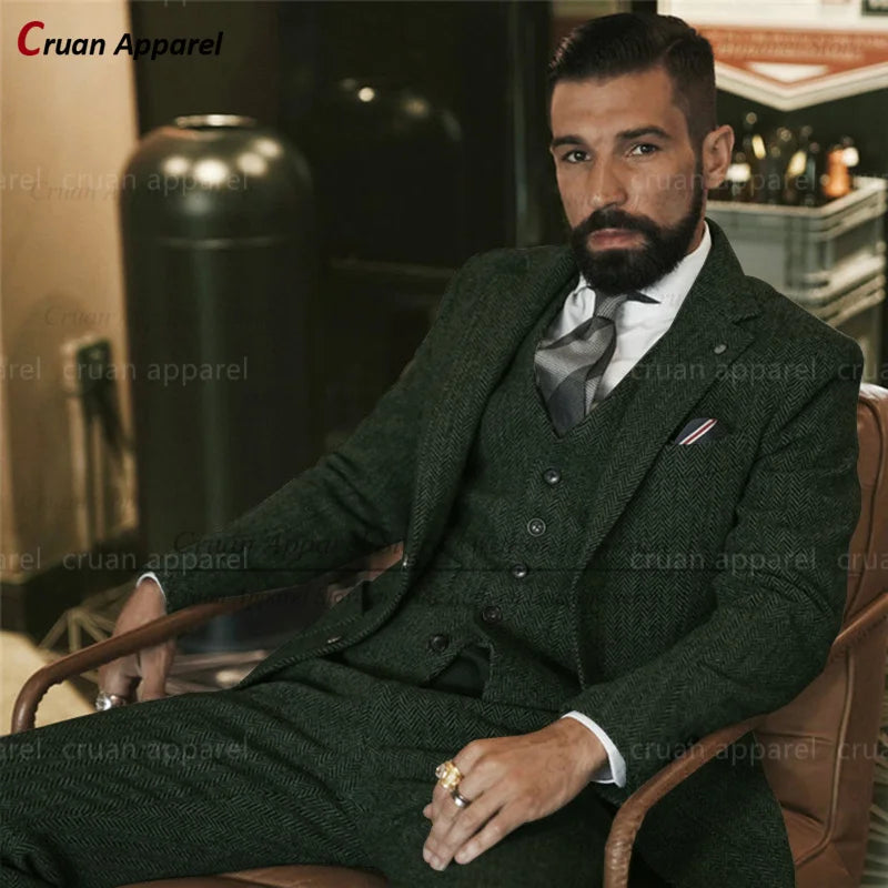 Brown Tweed Suits for Men Slim fit Classic Herringbone Businees Wedding Vintage Tuxedo Tailor-made Blazer Vest Pants 3 Piece Set