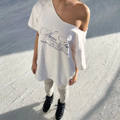 Casual Relax Woman T-shirt Letter 2025 Women Oversized One Shoulder Tops Versatile Street Atmosphere Style Fashionable Tops