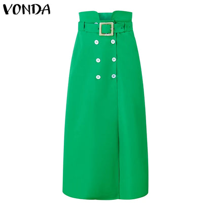 VONDA Women Elegant Skirts 2025 Casual Waistband Button Design Slit Long Overskirts Solid Color Office Lady Bottoms Oversized